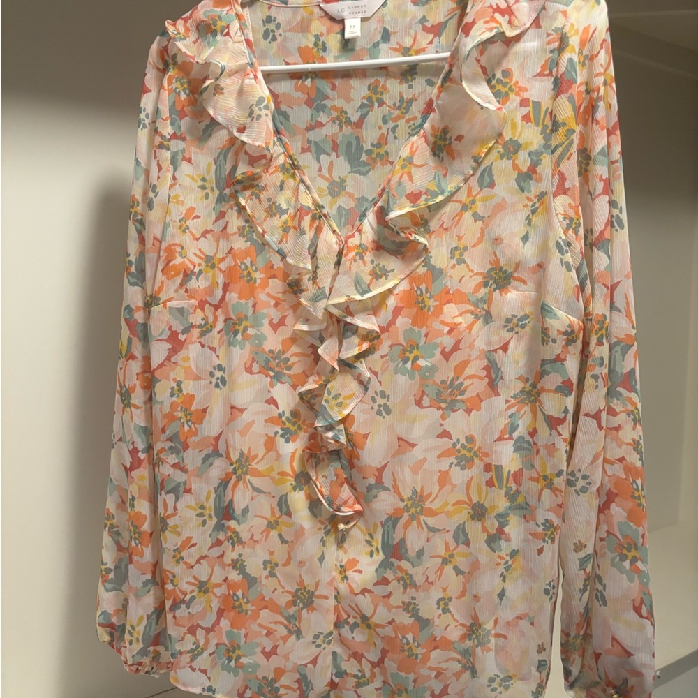 LC Lauren Conrad Peach Multi Floral Ruffle V-Neck Blouse